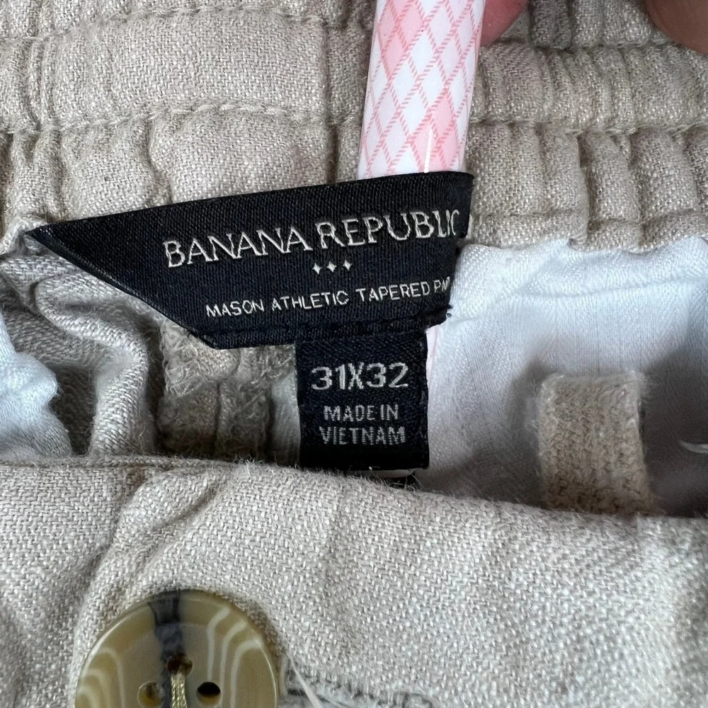 BANANA REPUBLIC Mason Athletic Tapered Pant Mens 31x32 Beige Linen Blend Trouser